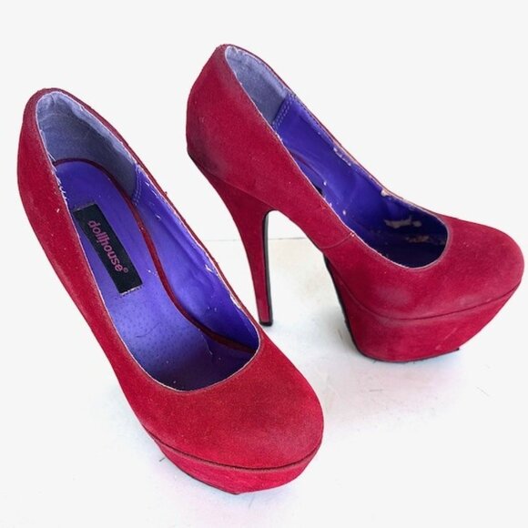 DOLLHOUSE 6 Inch Heels Size 5.5, Red Suede Platform Pumps - Picture 3 of 12